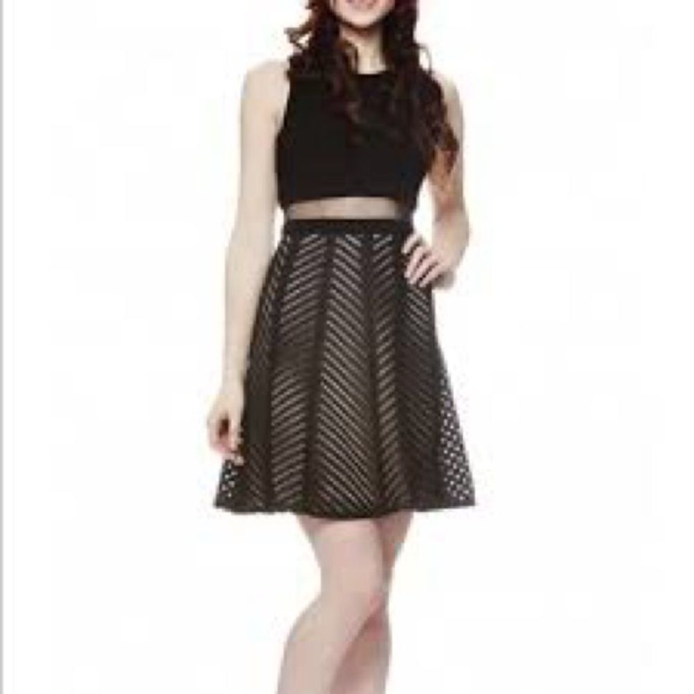 Betsey & Adam Black Tan Chevron Stripe Semi Sheer Waist Fit & Flare Dress